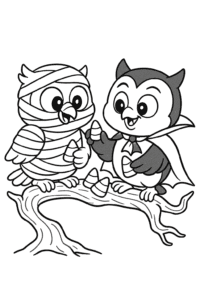 Two owls dressed in playful costumes—one as a mummy, the other as a vampire—sharing tasty candy corn on a crooked tree branch.