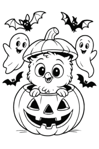 A baby owl peeking out from a cozy, carved jack-o’-lantern, surrounded by fluttering bats and friendly ghosts.