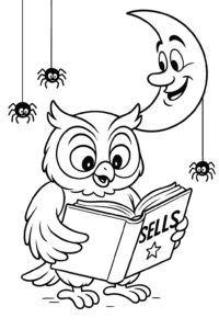 A wise owl reading a spell book by the light of a smiling crescent moon, with curious little spiders dangling nearby.