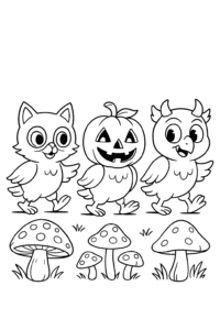Three owls having a costume parade through a patch of magical mushrooms, each wearing a different Halloween mask.
