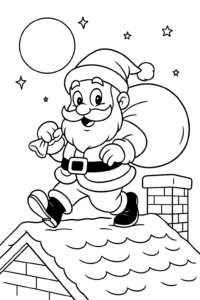 Santa Claus tiptoeing across a snowy rooftop with a big sack of presents under a glowing full moon.