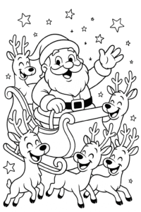 A jolly Santa Claus waving cheerfully from his sleigh, surrounded by giggling reindeer and twinkling stars.