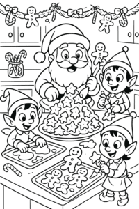 Santa and his elves baking a mountain of Christmas cookies in a cozy, decorated kitchen filled with candy canes and gingerbread men.