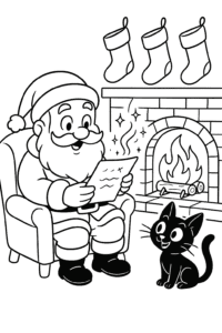 Santa Claus reading a magical wish letter from a child by a flickering fireplace, with stockings hanging and a mischievous black cat nearby.
