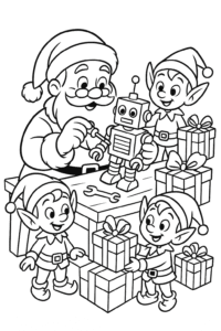Santa in his workshop, building a toy robot with his friendly elf helpers and a pile of wrapped gifts scattered around.