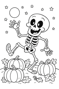A cheerful skeleton doing a silly dance in a pumpkin patch under a starry sky.