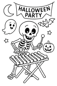 A friendly skeleton playing the xylophone made from colorful bones at a Halloween party.