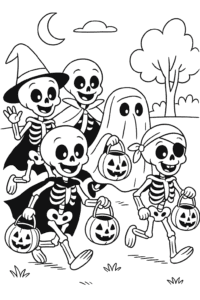 A group of skeleton friends trick-or-treating in costumes, carrying candy buckets.