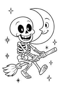 A skeleton riding a broomstick with a big grin, flying past a glowing crescent moon.