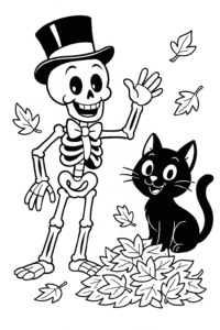 A skeleton wearing a top hat and bowtie, waving hello beside a smiling black cat and a pile of autumn leaves.