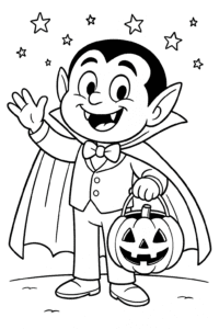 A cheerful vampire in a cape holding a pumpkin basket, waving under twinkling stars.