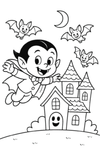 A smiling vampire child flying with bat friends past a friendly haunted house.