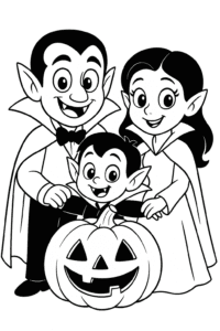 A cute vampire family dressed up for Halloween, posing with a big jack-o-lantern.