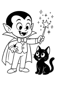 A little vampire practicing magic tricks with a sparkling wand and friendly black cat.