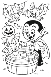 A playful vampire and a group of bats bobbing for apples at a Halloween party.