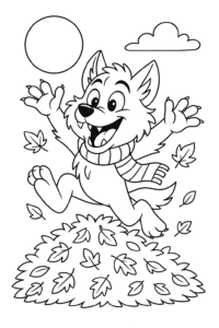 A cheerful werewolf wearing a striped scarf, jumping in a pile of autumn leaves under a full moon.