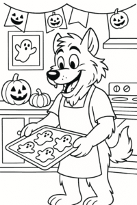 A friendly werewolf baking Halloween cookies in a pumpkin-decorated kitchen, with ghost-shaped treats on a tray.