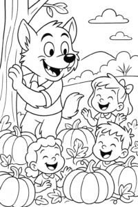 A smiling werewolf playing hide-and-seek with a group of giggling children in a pumpkin patch.