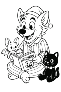 A werewolf in pyjamas reading a Halloween bedtime story to a plush bat and a stuffed black cat.