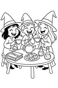 Three giggling witches in pointy hats having a magical tea party with cookies, spell books, and potions.