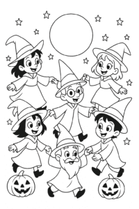 A group of witches and wizards dancing in a circle, holding hands under a full moon with jack-o’-lanterns and twinkling stars.