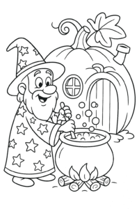 Cartoon wizard stirring a bubbling cauldron beside a smiling pumpkin – Halloween coloring page