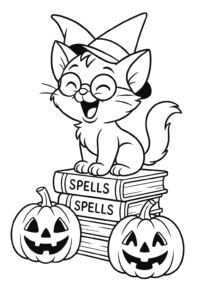 Cute Halloween cat sitting on spell books with pumpkins