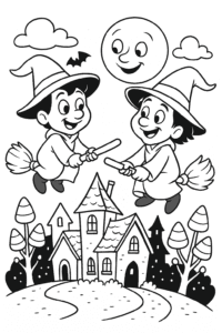Two young witches flying on broomsticks over a haunted house 