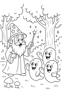 Friendly wizard casting spells with playful ghosts