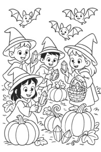 Group of young witches with pumpkins and bats