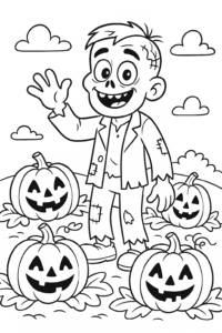 A friendly zombie in patched clothes waving hello in a pumpkin patch filled with smiling jack-o-lanterns.