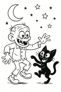A silly zombie dancing with a goofy black cat under a crescent moon and twinkling stars.