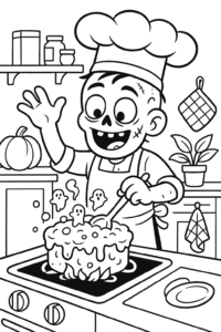 A cheerful zombie chef baking a bubbling Halloween cake with ghost-shaped sprinkles in a cozy kitchen.