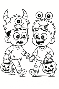 Two young zombie friends trick-or-treating, carrying candy buckets and wearing cute monster hats.