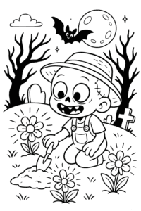 A tiny zombie gardener planting magical glowing flowers in a moonlit spooky garden.