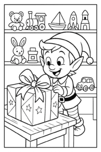 A happy Christmas elf wrapping a big present with shiny paper and a bow in Santa’s workshop full of toys.