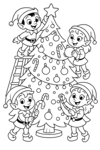 A group of elves decorating a giant Christmas tree with twinkling lights, candy canes, and colorful ornaments.