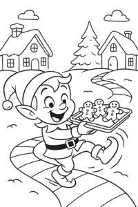 A giggling elf slipping on a peppermint path while carrying a tray of gingerbread cookies through a snowy North Pole village.