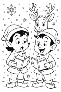 Two elves singing carols together, holding songbooks, as snowflakes gently fall around them and reindeer peek in the background.