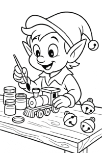 An artistic elf painting wooden toy trains on a workbench, surrounded by jars of paint and jingling bells.