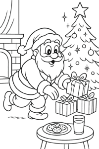 A cheerful family in matching pajamas hanging stockings over a glowing fireplace with a decorated Christmas tree nearby.