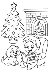 A cozy room with a child reading a Christmas storybook to a cuddly puppy beside a crackling fire and sparkling tree.