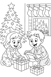 Two excited children in cozy pajamas opening presents by a sparkling Christmas tree with stockings hanging above a crackling fireplace.