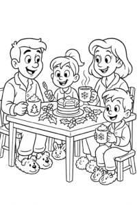 A family in fluffy slippers enjoying a big Christmas breakfast at a table decorated with holly, pancakes, and mugs of hot cocoa.