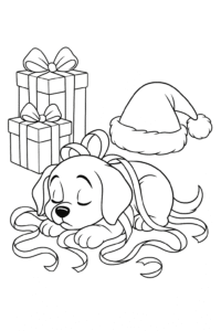 A sleepy puppy tangled up in shiny ribbon beside a pile of unwrapped gifts and a Santa hat on the floor.