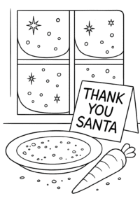 Santa’s empty cookie plate and a thank-you note from the kids, with crumbs, a half-eaten carrot, and a twinkling window showing snow outside.