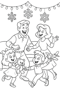 A joyful dance around the living room as children show off new toys and parents laugh, with Christmas lights twinkling and paper snowflakes hanging from the ceiling.