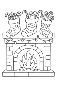 A fireplace decorated with twinkling lights and three patterned Christmas stockings hanging, each brimming with little gifts and candy canes.
