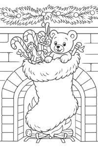 A big, fluffy Christmas stocking overflowing with candy canes, small toys, and a teddy bear, hanging from a cozy fireplace decorated with garlands and twinkling lights.