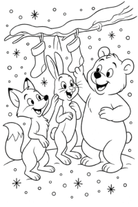 A group of cheerful woodland animals—like a fox, bunny, and bear—hanging their own stockings on a snowy tree branch under falling snowflakes.